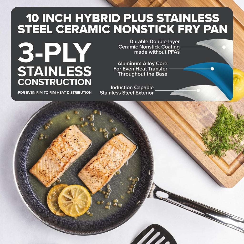 Viking Hybrid Plus 3-Ply Ceramic Nonstick Frying Pan, Made without PFAS, 10-Inch Induction Cookware, Metal Utensil Safe, Oven Safe to 500F