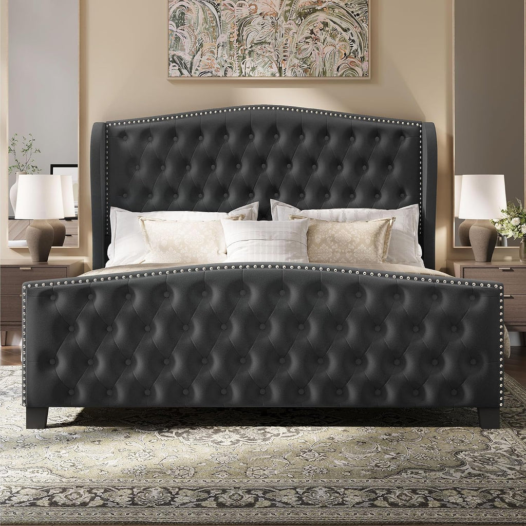 BRELTAM Upholstered King Size Bed Frame Velvet Tufted Bed Frame with Wingback Headboard & Footboard, with Deep Button Tufted & Nailhead Wooden Slats Support, No Box Spring Needed,Grey