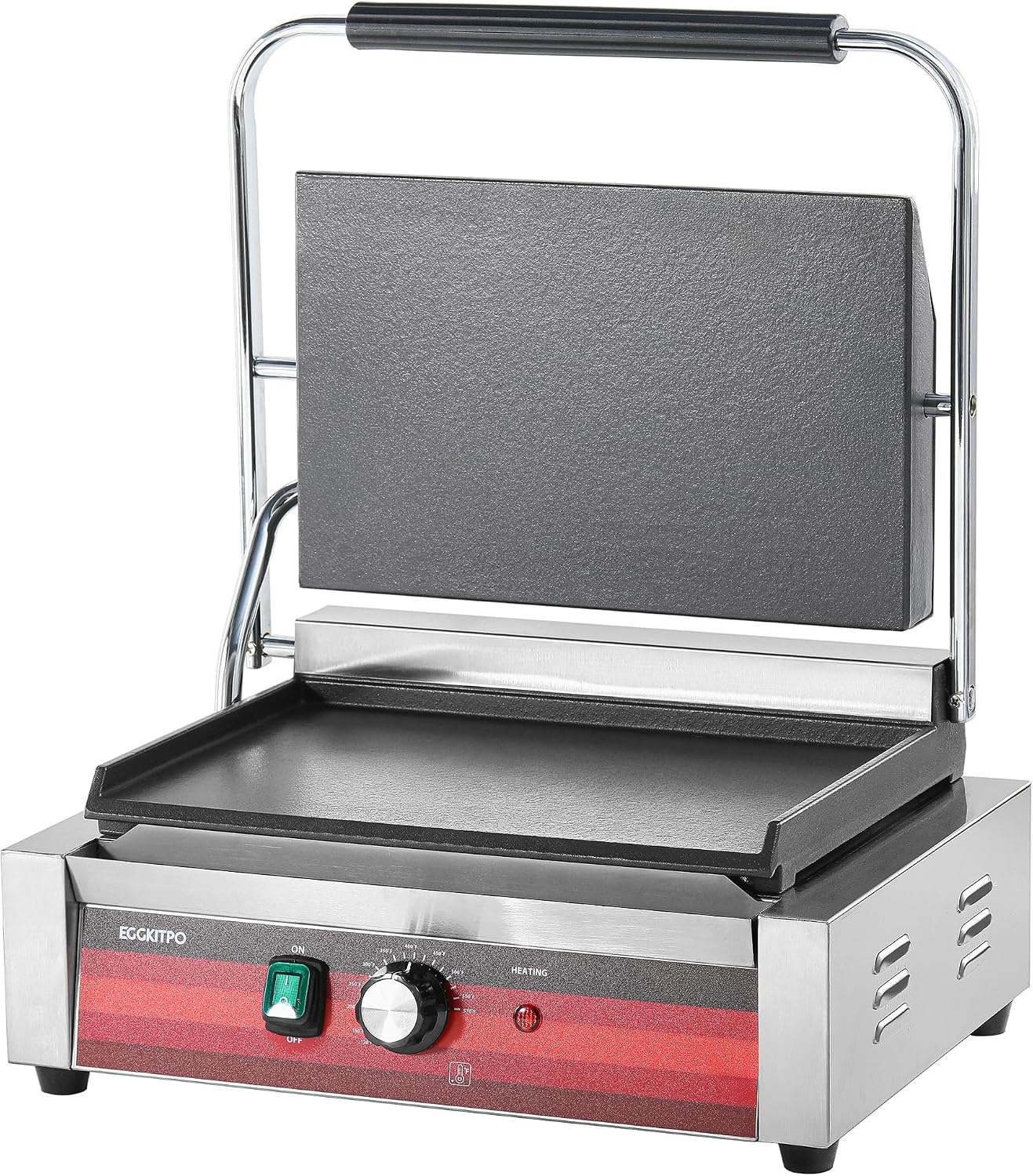 EGGKITPO Commercial Electric Panini Grill with Flat Plates Stainless Steel Sandwich Maker 14'× 9.5' Cast Iron Enamel Plate Countertop Panini Press with Temperature Control for Business 110V 1700W