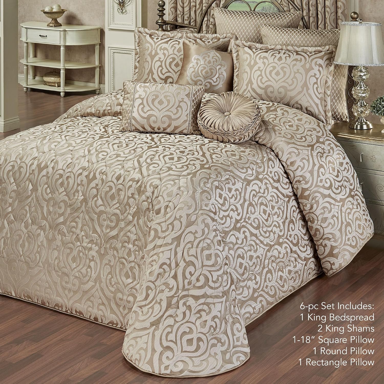 Davenport Luxury Bedding | Neutral Sand and Beige Hues | Jacquard-Woven Puff-Textured Scrollwork Medallions | 6 Pc Bed Set Includes King Bedspread, 2 King Shams, and 3 Decorative Reversible Pillows