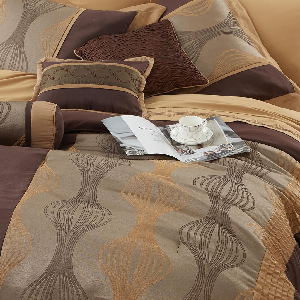 Grand Avenue Elegant Full Bed Comforter Set 7 Piece Bed in a Bag, Jacquard Bedding Set for All Season,Striped, Brown Comforter, Matching Decorative Pillows, Pillow Sham