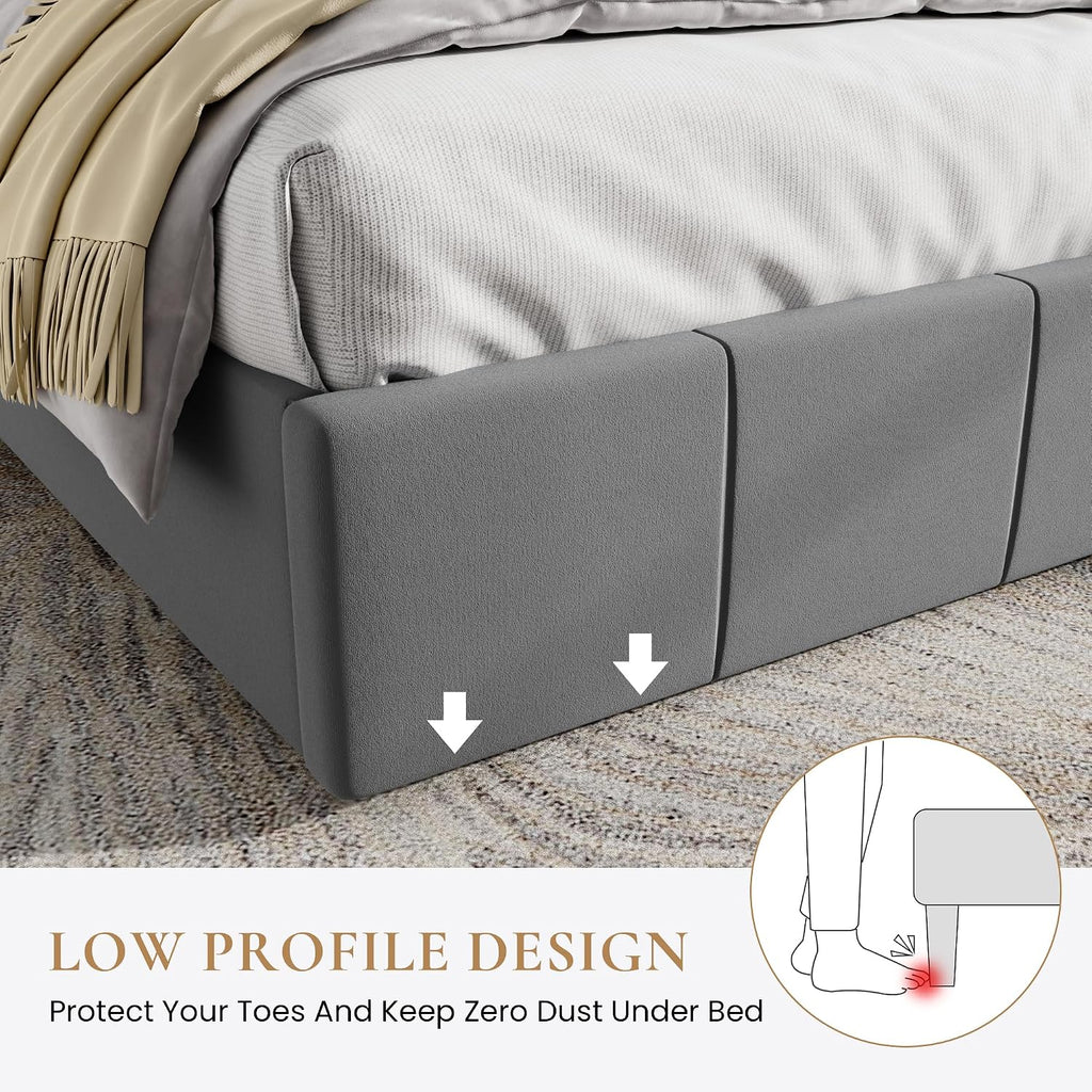 SHA CERLIN King Size Bed Frame, Velvet Upholstered Platform Bed, Vertical Channel Tufted Adjustable Headboard, Low Profile Bed Frame, No Box Spring Needed, Easy Assembly, Grey
