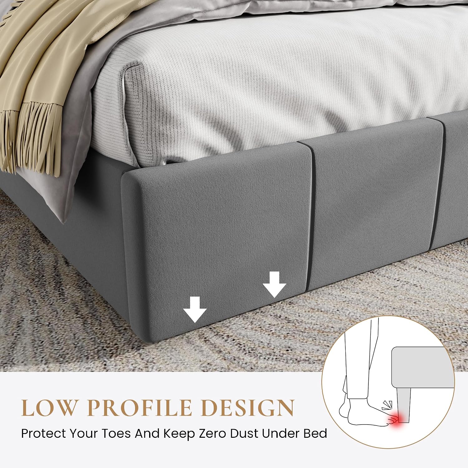 SHA CERLIN King Size Bed Frame, Velvet Upholstered Platform Bed, Vertical Channel Tufted Adjustable Headboard, Low Profile Bed Frame, No Box Spring Needed, Easy Assembly, Grey