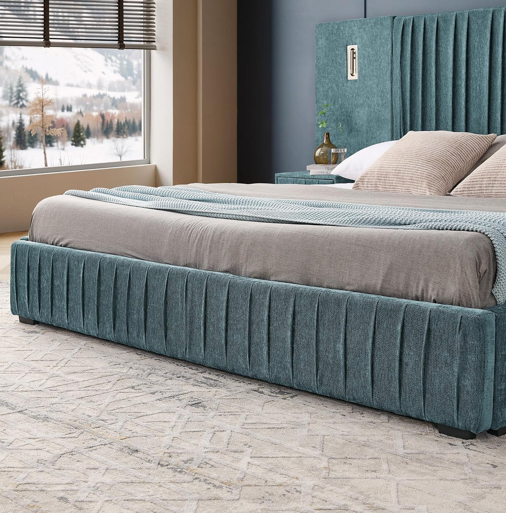 Upholstered Platform Bed with Built-in Nightstands, King Size Bed Frame with Chenille Headboard and Adjustable Lighting, No Box Spring Required, Space-Saving Bedroom Combo (Blue-Green)