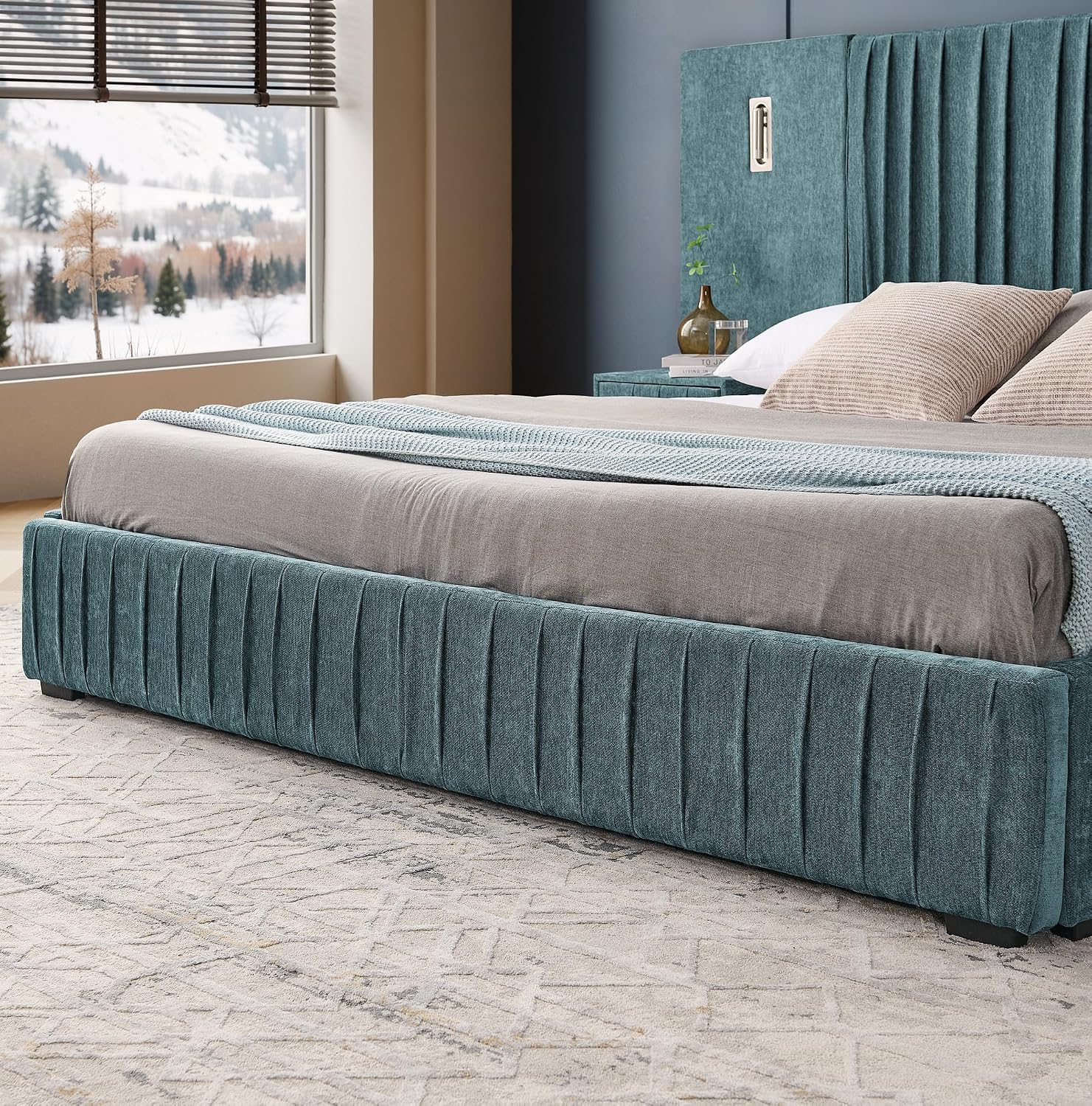 Upholstered Platform Bed with Built-in Nightstands, King Size Bed Frame with Chenille Headboard and Adjustable Lighting, No Box Spring Required, Space-Saving Bedroom Combo (Blue-Green)