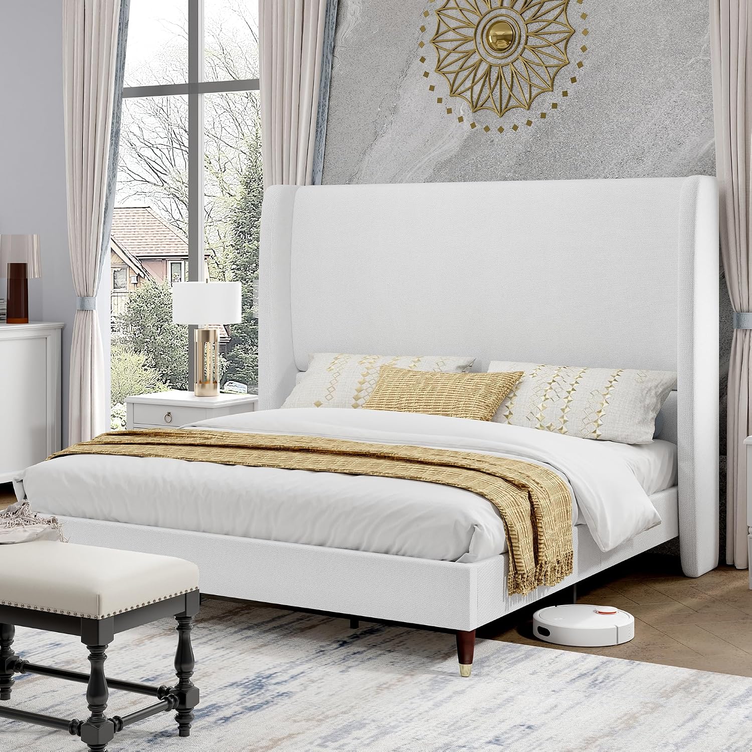 PaPaJet Full Size Bed Frame with 51.2' Wingback Headboard,Line Upholstered Platform Bed,Solid Wood Legs,No Box Spring Needed,Noise-Free&Easy Assembly,for Teen Girls, Dorm, Small Bedroom,White