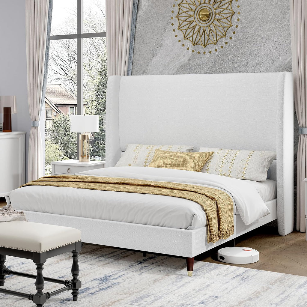 PaPaJet Queen Bed Frame with 51.2' Tall Wingback Headboard,Line Upholstered Platform Bed,Solid Wood Legs,No Box Spring Needed,Noise-Free&Easy Assembly,for Couples, Guest Room, Apartment,White