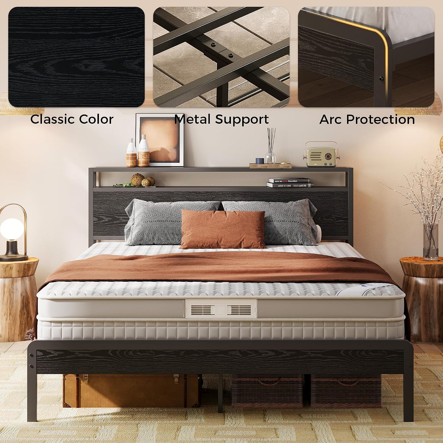 LIKIMIO Queen Bed Frame with Headboard, Dark Wood Camas Queen with Strong Supports, Sturdy, Noise-Free, No Box Spring Needed, Black