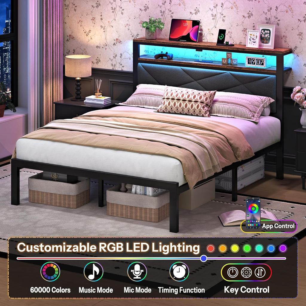 ChicZhiNest Full Size Bed Frame with 2 Tier Upholstered Storage Headboard and Under Bed Storage,Platform Bedframe with LED Lights and Charging Station, No Box Spring Needed,Easy Assembly,Grey