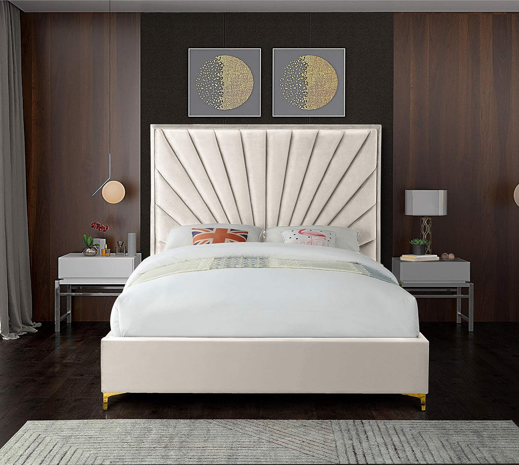 Meridian Furniture Eclipse Collection Modern | Contemporary Velvet Upholstered Bed with Channel Tufted Design and Complete Sets of Gold and Chrome Legs Included, Queen, Cream