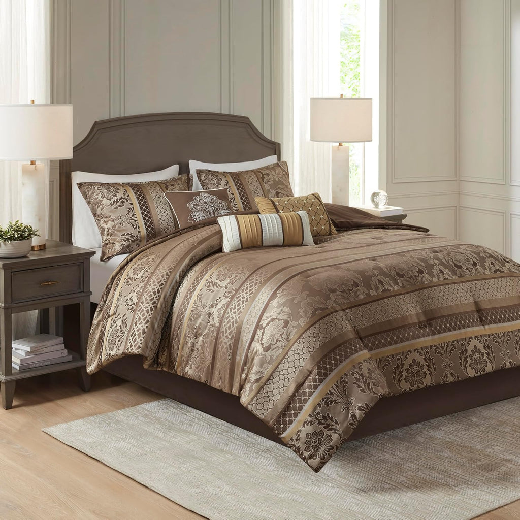 Madison Park Cozy Comforter Set - Luxurious Jaquard Traditional Damask Design, All Season Down Alternative Bedding with Matching Shams, Decorative Pillow Bellagio Brown/Gold Cal King(104'x92') 7 Piece