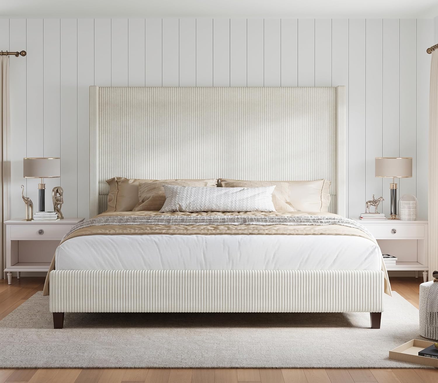 HOWE Queen Size Bed Frame with 61.4' Extra Tall Headboard, Corduroy Upholstered Bed with Vertical Wingback Headboard, No Box Spring Needed/Noise Free/Solid Wood Slats & Legs/Cream