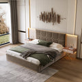 Luxurious King Platform Bed Frame with Metal Frame Headboard, Modern Velvet Upholstered Platform Bed with 2 Built-in Wall Lamps and Bedside Table for Bedroom Guestroom, Coffee