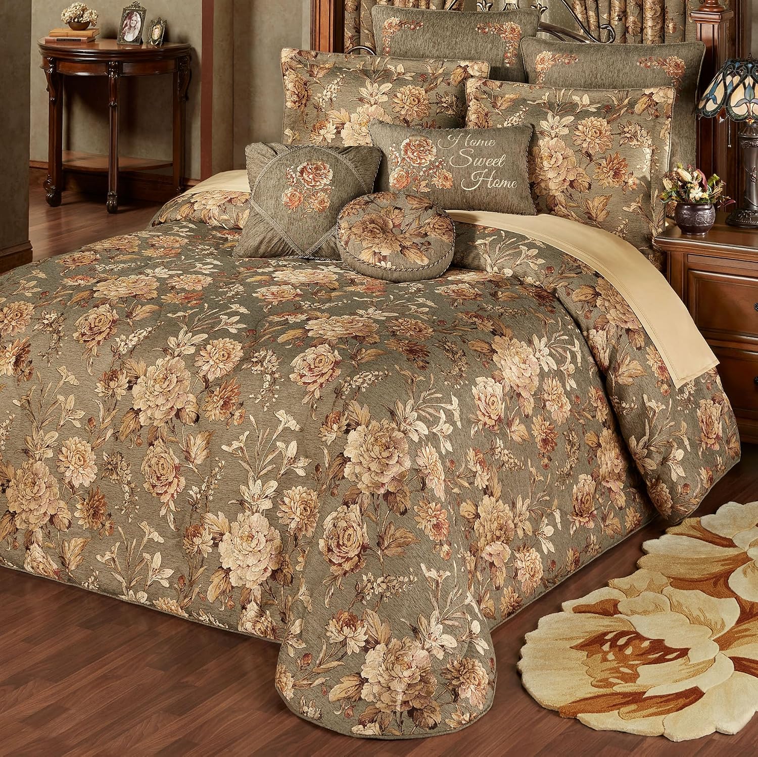 Rhapsody Floral Luxury Bedding | 6 Piece Oversized Bedspread Set: Queen Bedspread, 2 Standard Shams, Round Pillow, 18' Square Pillow, Rectangle Pillow | Sophisticated | Flower | Woven | Traditional