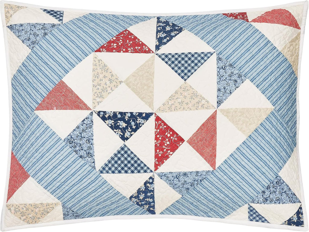 Modern Heirloom Americana Heartland Quilt Set, King, Red White Blue | Pieced Sashing with Printed Star & Pinwheel Blocks| Cotton Face and Fill| 3-Piece