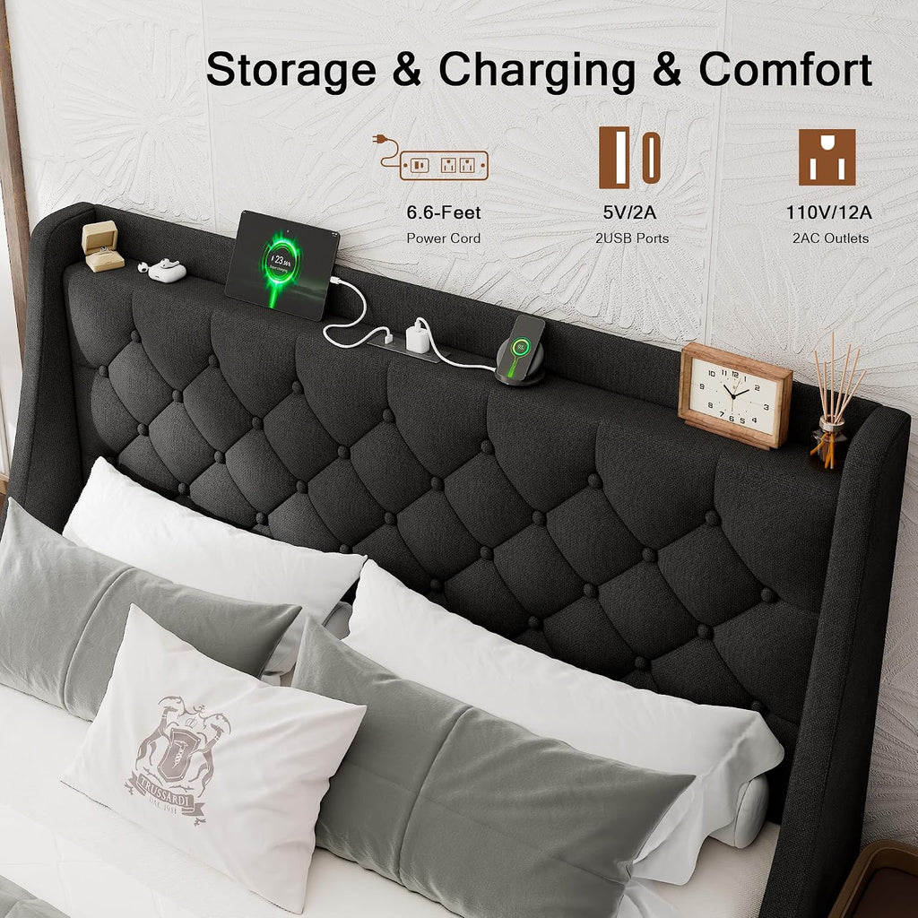 Einhomn Upholstered Full Size Bed Frame with 4 Storage Drawers, Platform Bed with Large Wingback Headboard, Charging Station, No Box Spring Needed, Easy Assembly, Black