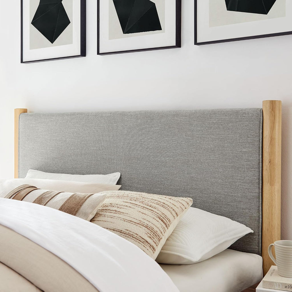 Modway Maven Queen Size Bed Frame in Wheat Oak with Upholstered Fabric Headboard and Footboard – Wood Queen Platform Bed Frame – No Box Spring Needed