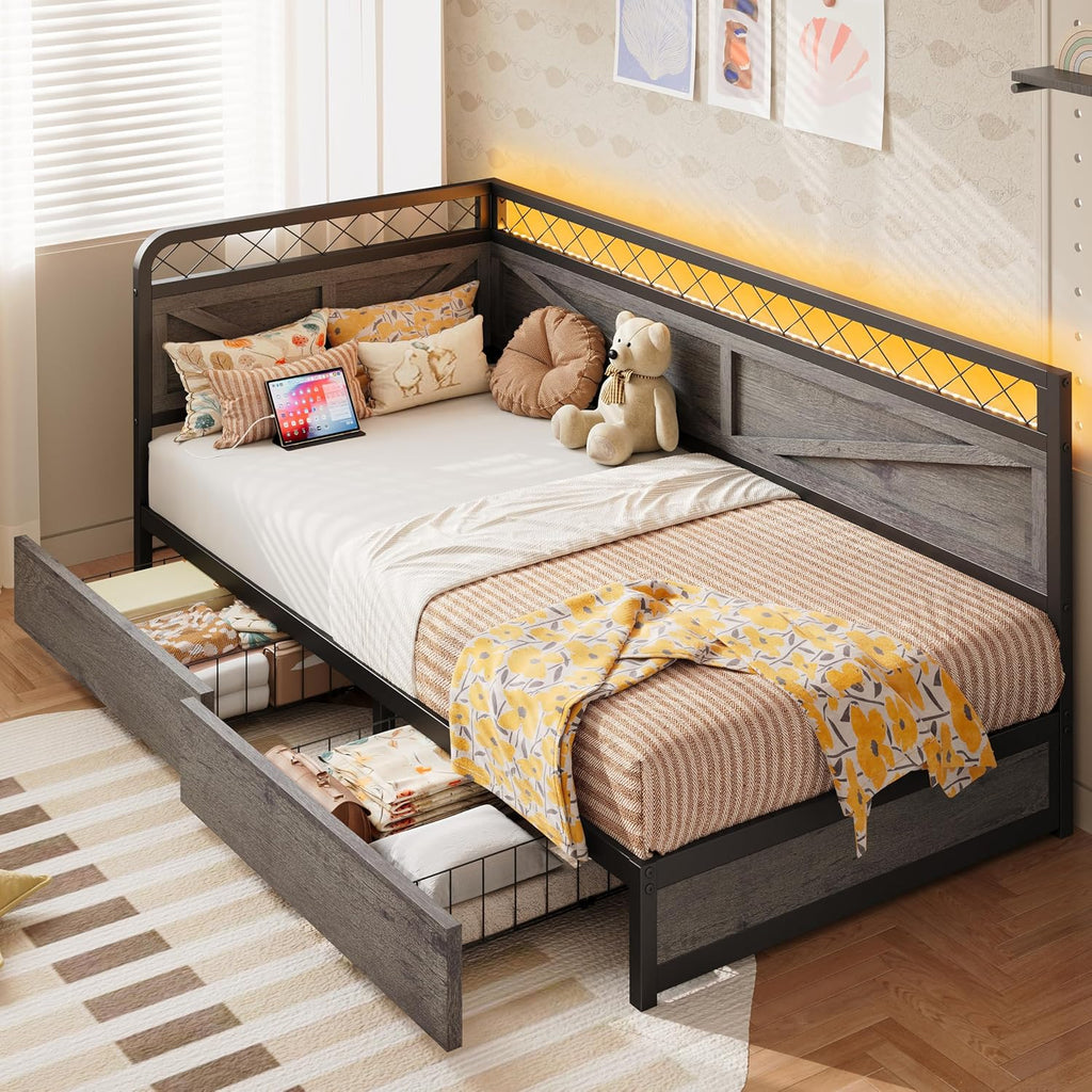 ANCTOR Twin XL Corner Bed Frame with Storage Drawers, Daybed with LED Lights and Charging Station, No Box Spring Needed, Heavy Duty, Easy Assembly for Living Room, Bedroom and Guest Room, Grey