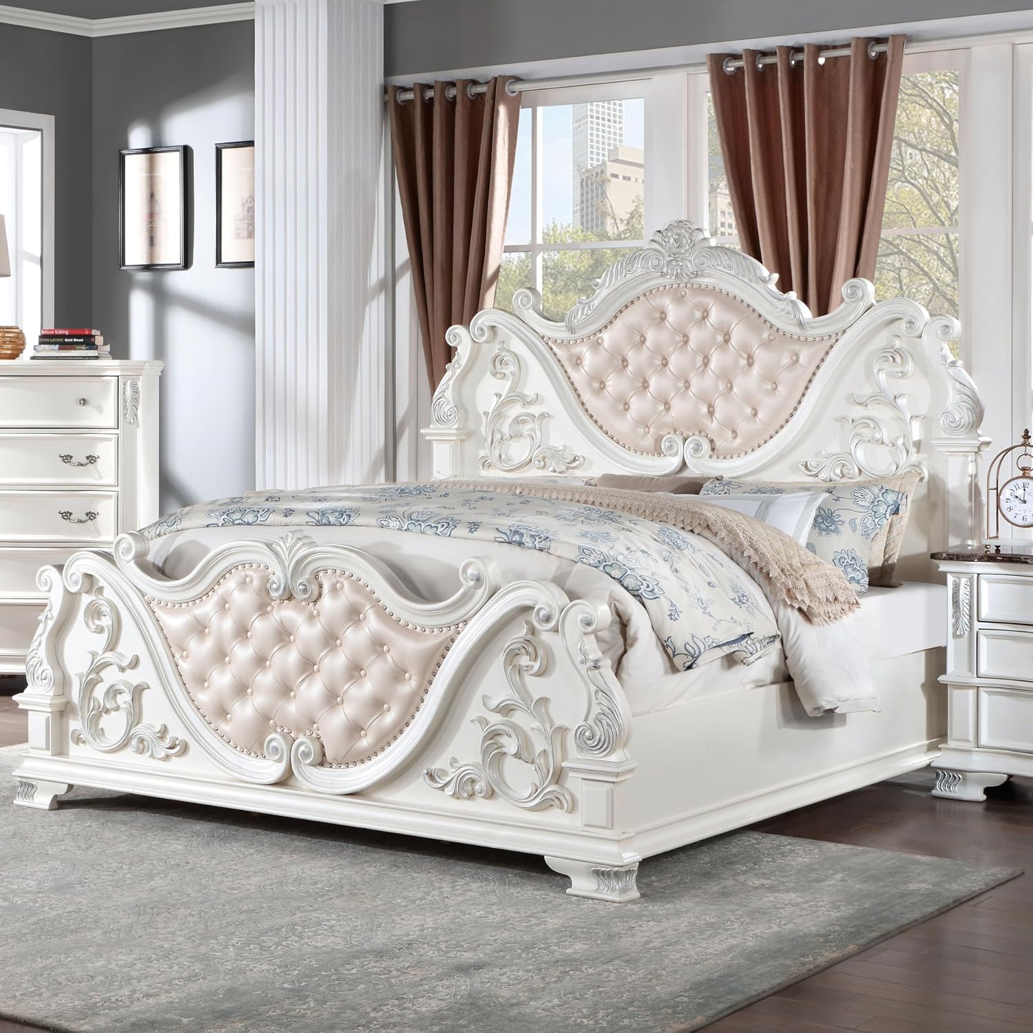 Furniture of America Clairibel Traditional Wood Eastern King-Size Bed with Button-Tufted Headboard and Carved Details, Box Spring Required for Bedroom, Guess Room, Pear White
