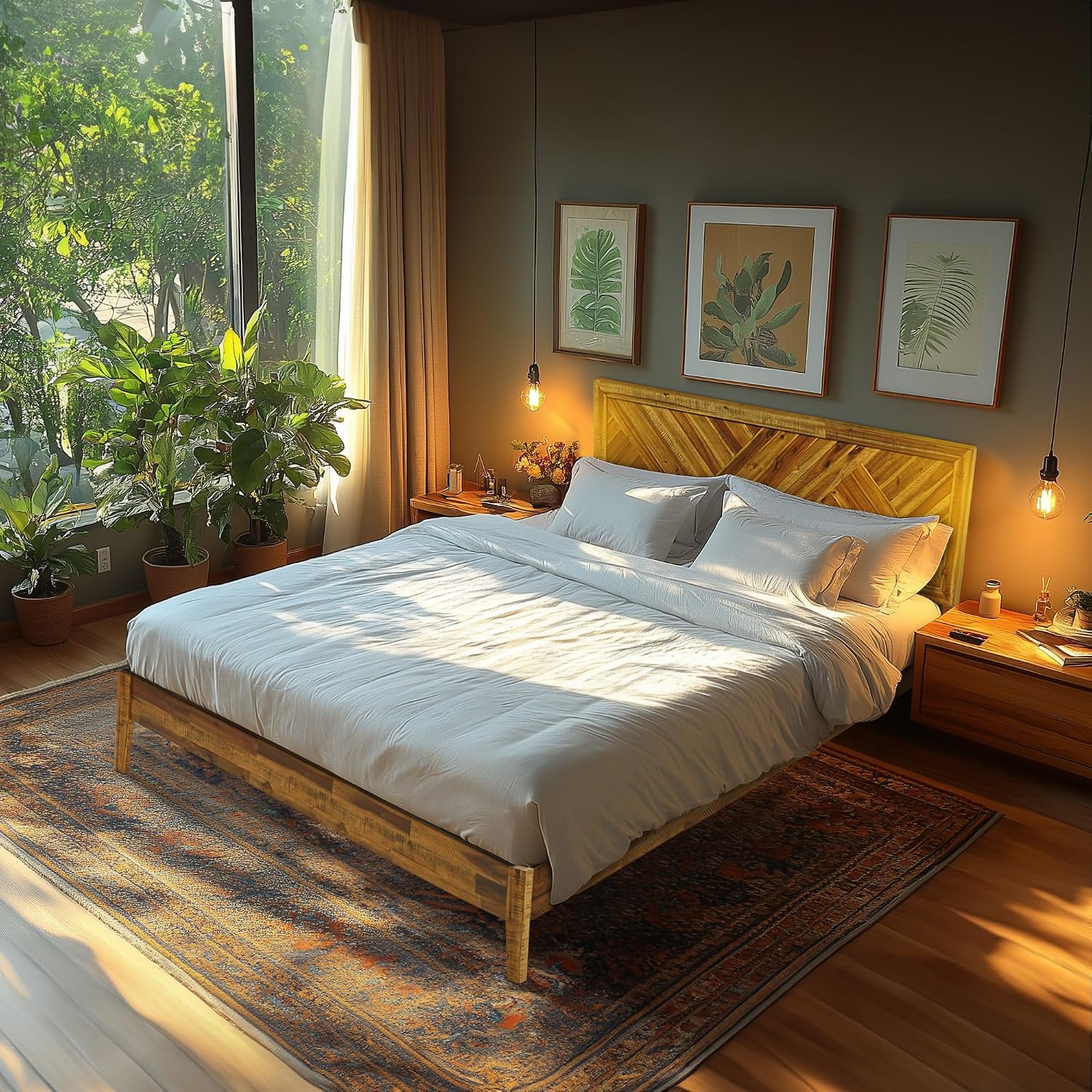 Acacia Sierra Bed Frame with Headboard Solid Wood Platform Bed, Queen Bed Frame, Tall Headboard Wood Bed Compatible with All Mattress Types, No Box Spring Needed, Early American