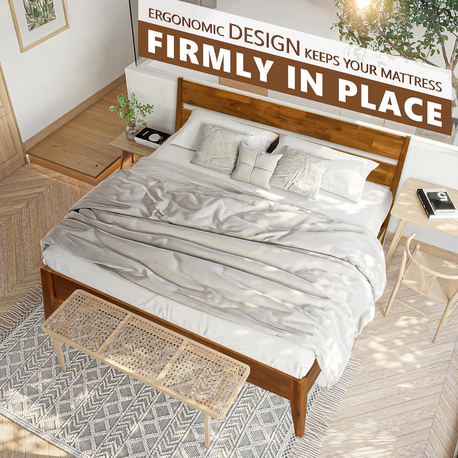 Acacia Emery Bed Frame with Headboard Solid Wood Platform Bed, King Size Bed Frame, Mid - Century Modern Wood Bed Compatible with All Mattresses, Easy Assembly, Non-Slip, Caramel.