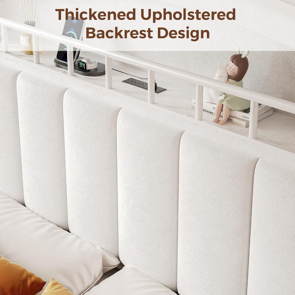 Full Size Bed Frame with LED Storage Headboard & 2 Storage Drawers, Velvet Upholstered Bed with Vertical Tufted Headboard Design, USB & Type-C Charging Ports, Wooden Slats Support, Noise-Free, Beige