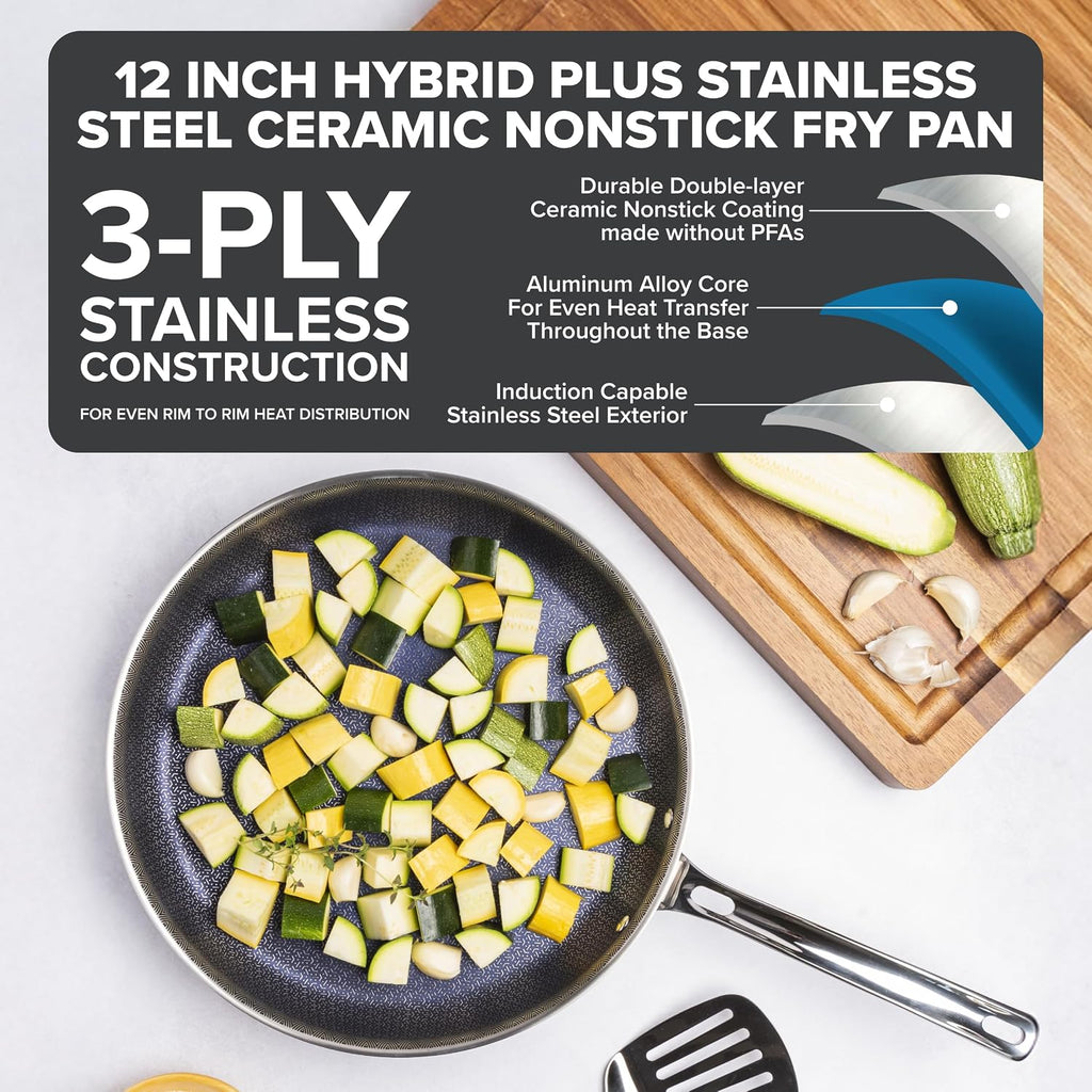 Viking Hybrid Plus 3-Ply Ceramic Nonstick Frying Pan, Made without PFAS, 12-Inch Induction Cookware, Metal Utensil Safe, Oven Safe to 500F
