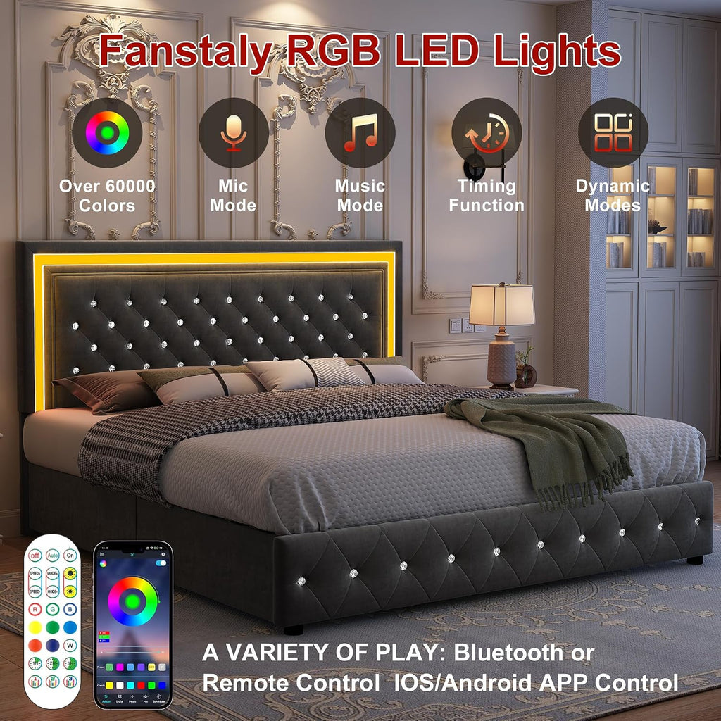 GEGOFORU Full Bed Frame with LED Lights, Storage Drawers, No Box Spring Needed, 900 lbs Capacity, Easy Assembly, Velvet Grey