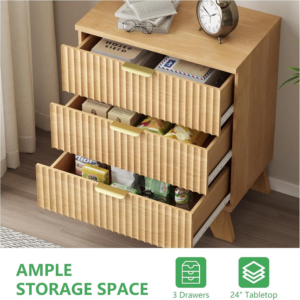 Fluted Dresser for Bedroom with 3 Drawers, 24' Wide Modern Chest of Drawers with Metal Handle, Wooden Dresser TV Stand, Wood Closet Clothes Storage Organizer for Living Room, Hallway, Natural Oak