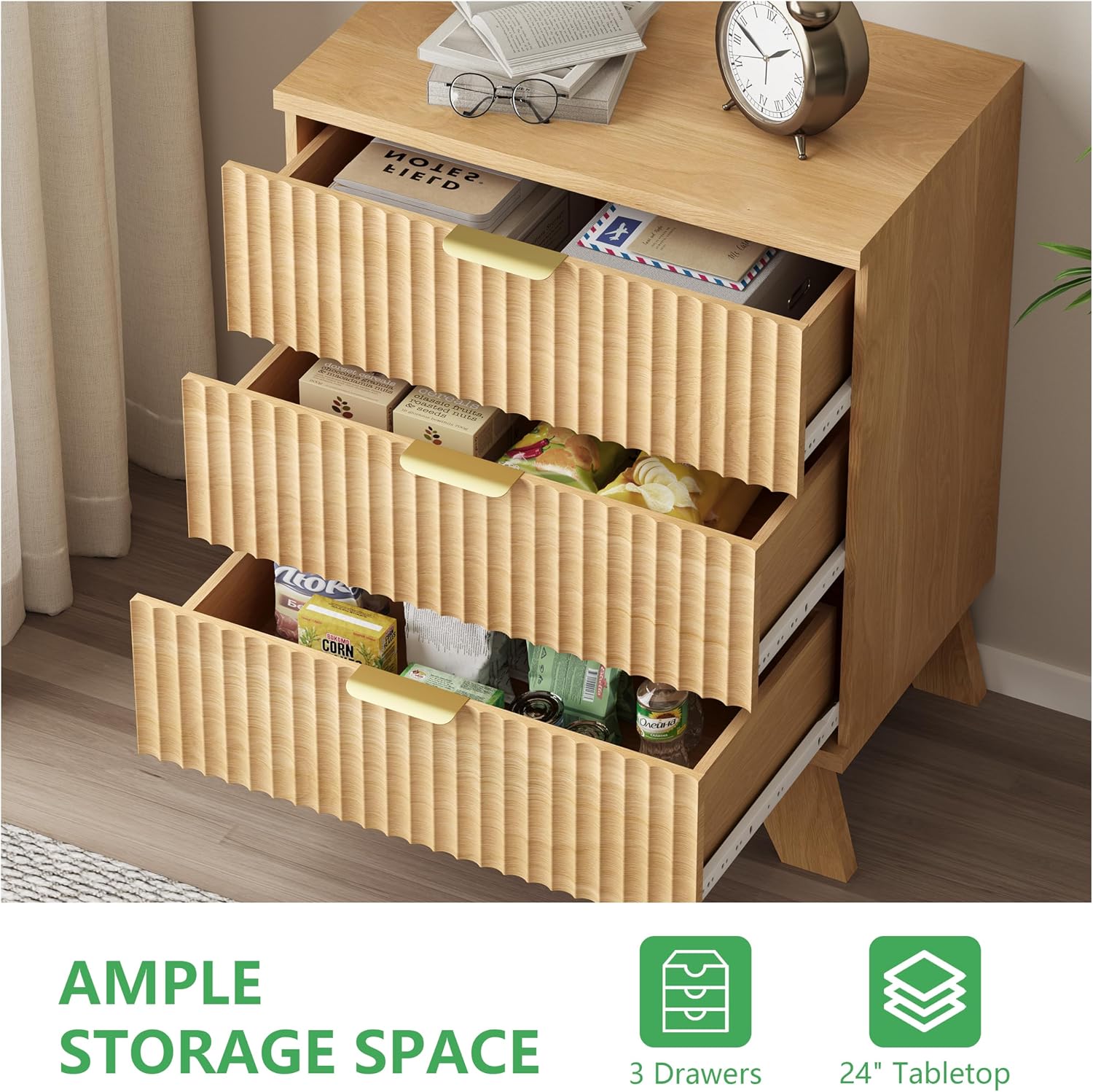 Fluted Dresser for Bedroom with 3 Drawers, 24' Wide Modern Chest of Drawers with Metal Handle, Wooden Dresser TV Stand, Wood Closet Clothes Storage Organizer for Living Room, Hallway, Natural Oak