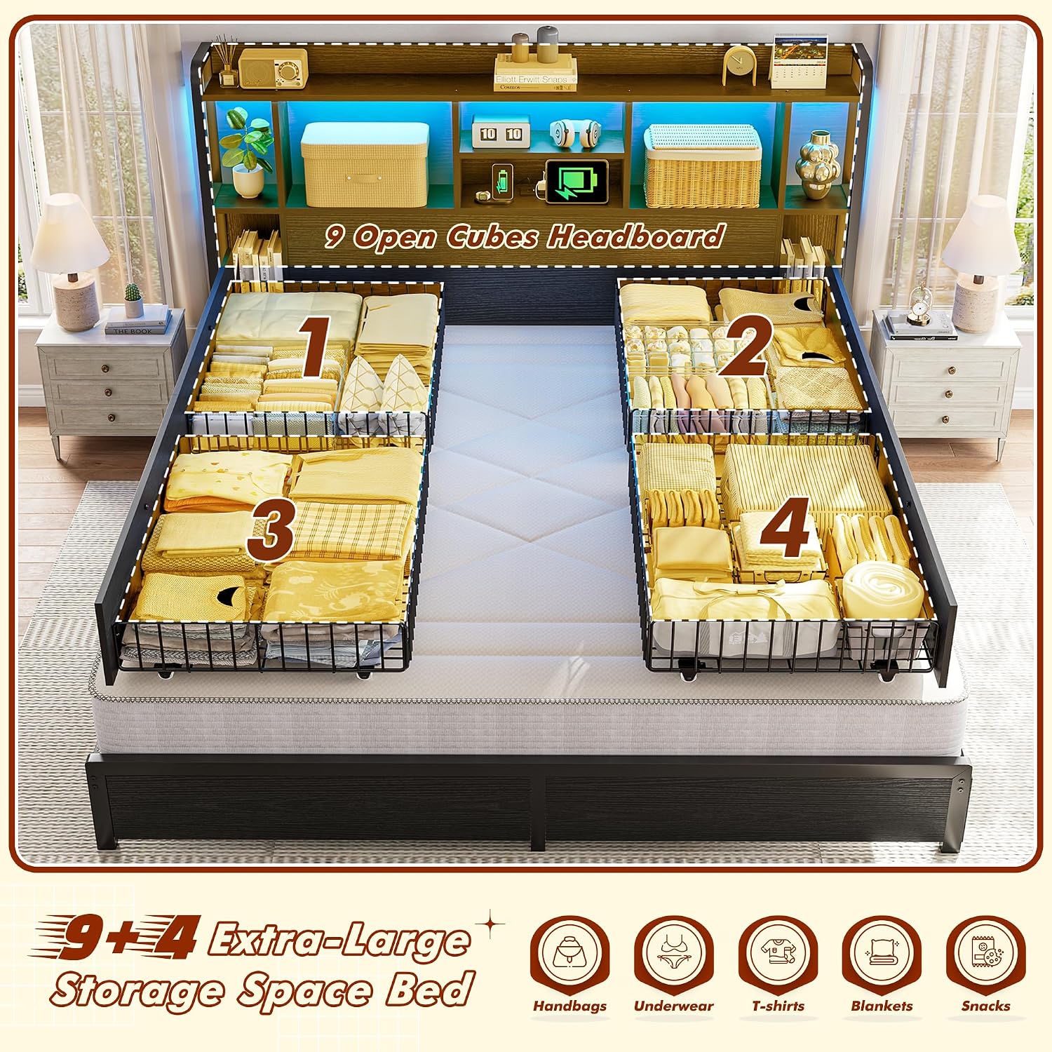 Homkdom King Size Bed Frame with Storage Headboard & 4 Large Drawers King Bed Frame with 51' Tall Headboard 9 Compartments Led Lights & Charging Station,No Box Spring Needed, No Noise,Black