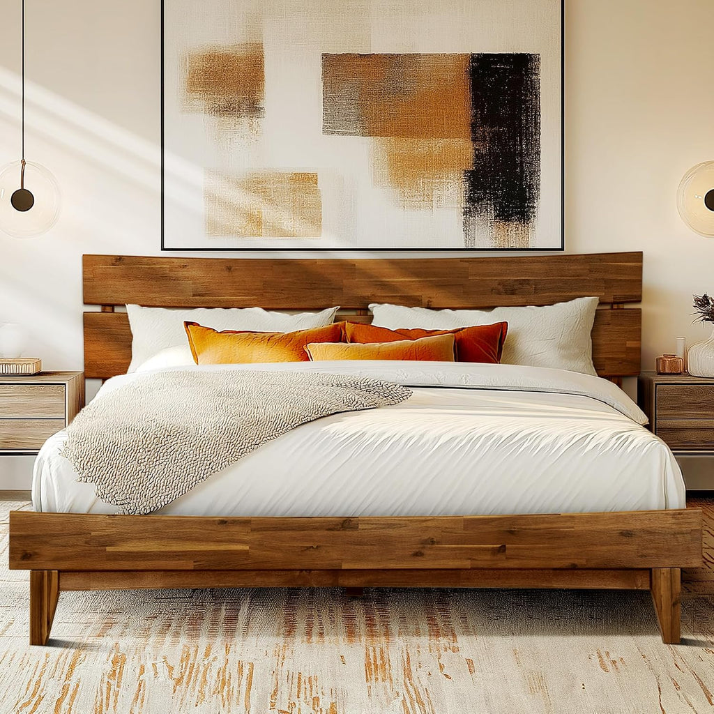 Acacia Aurora Wooden Bed with Headboard, King Size Bed Frame, 800lbs Capacity Wood Bed Compatible with All Mattress Types, Non-Slip & Noise-Free, Wood Slats Support, Easy Assembly, Walnut