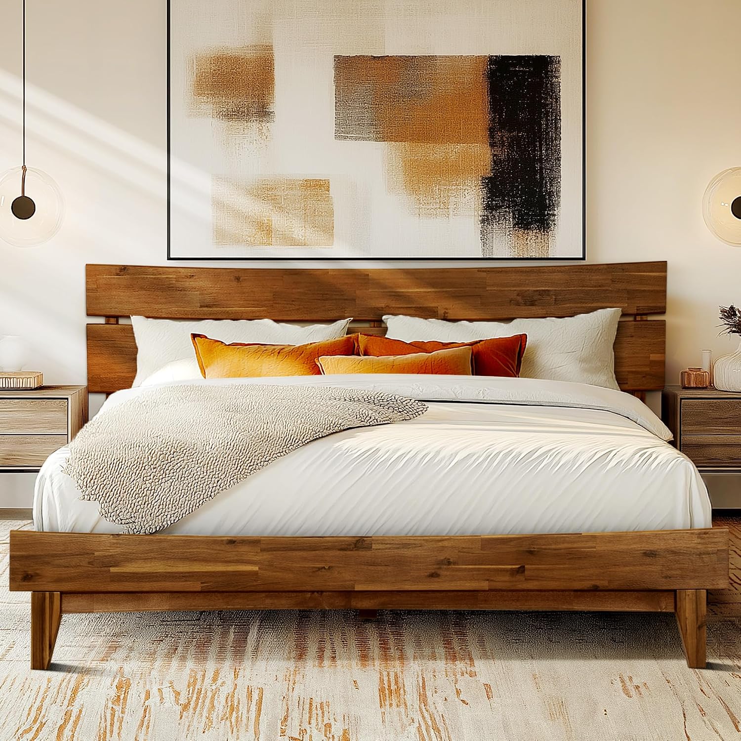 Acacia Aurora Wooden Bed with Headboard, King Size Bed Frame, 800lbs Capacity Wood Bed Compatible with All Mattress Types, Non-Slip & Noise-Free, Wood Slats Support, Easy Assembly, Walnut