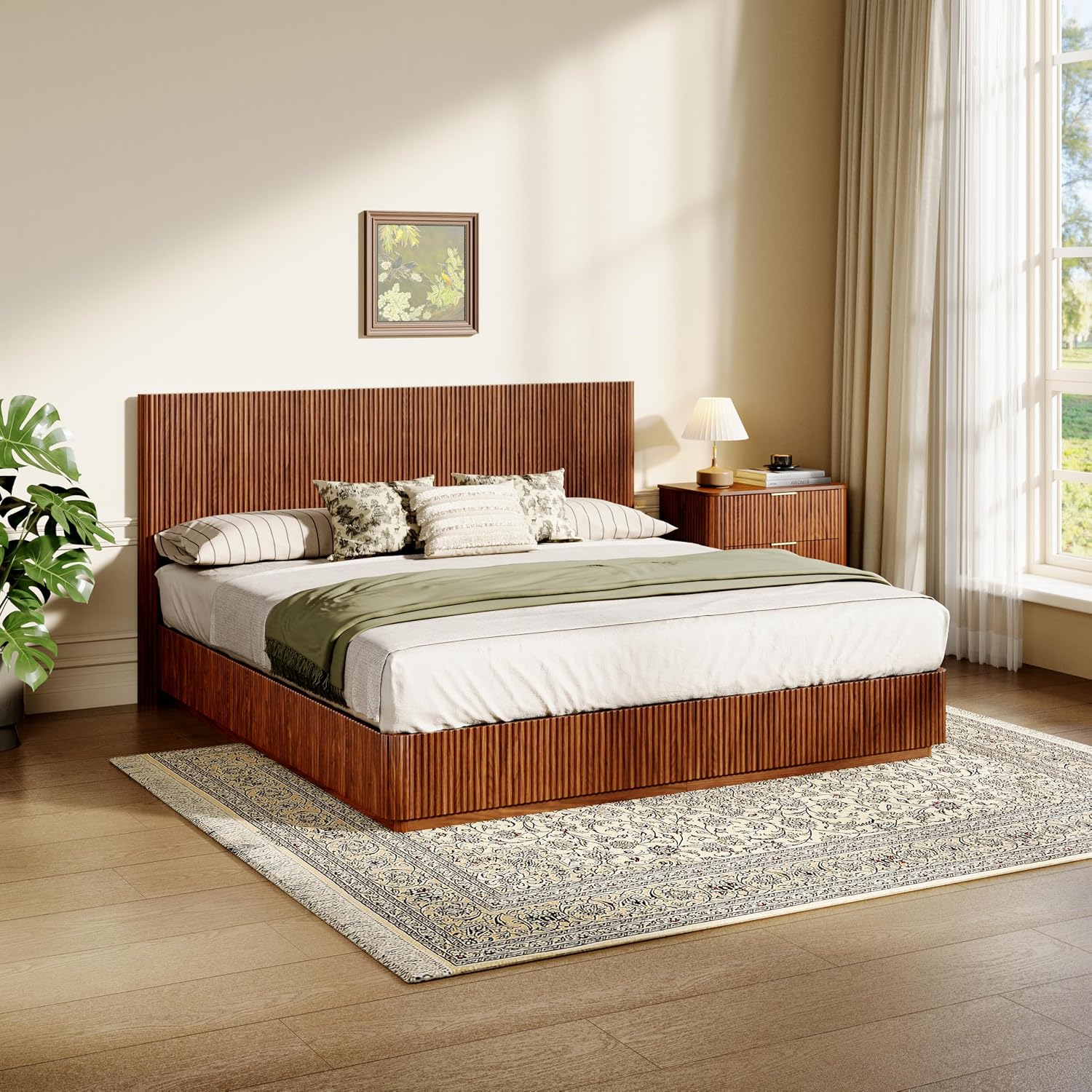 ivoros Mid Century Modern Bed Frame King Size, Fluted Platform Bed Frame with Headboard, Wood and Steel Platform Beds with LED Lights, Heavy Metal Frame Support, No Box Spring Needed, Walnut