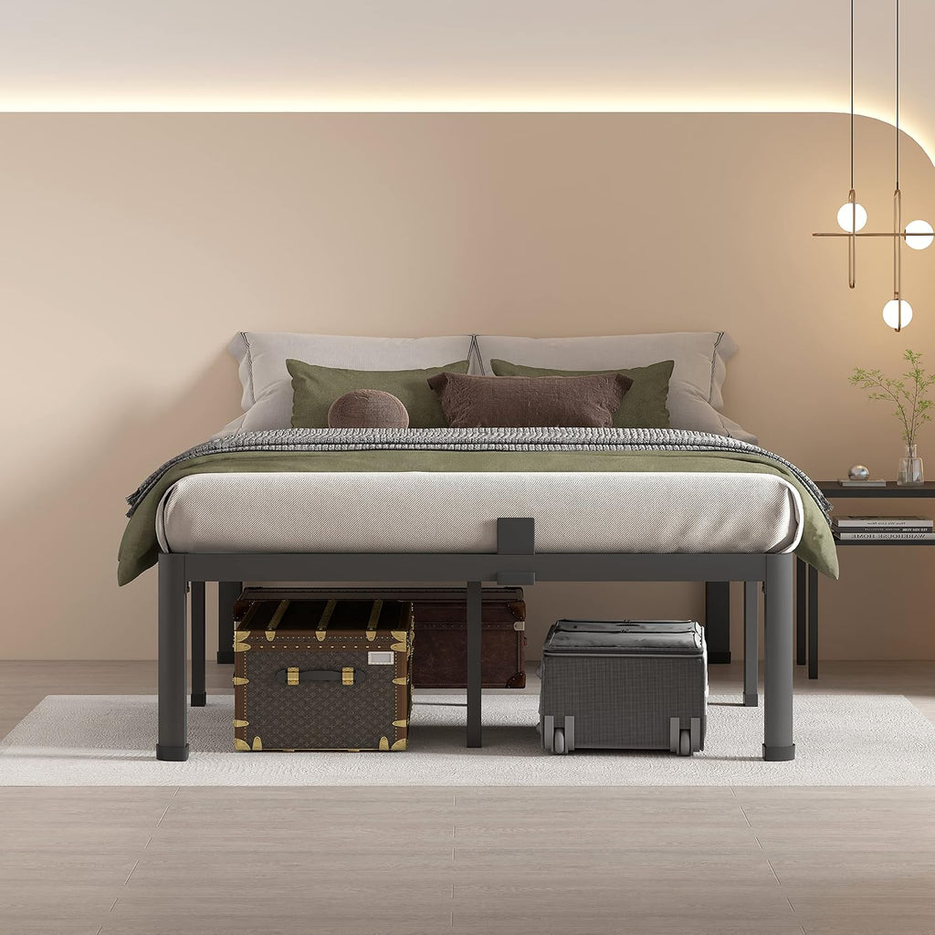 MAF 18 Inch Full Size Bed Frame with Round Corner Legs Mattress Slide Stopper No Box Spring Needed Heavy Duty Metal Platform Bed Frames Under-Bed Storage Space, 3000 LBS Steel Slats Support