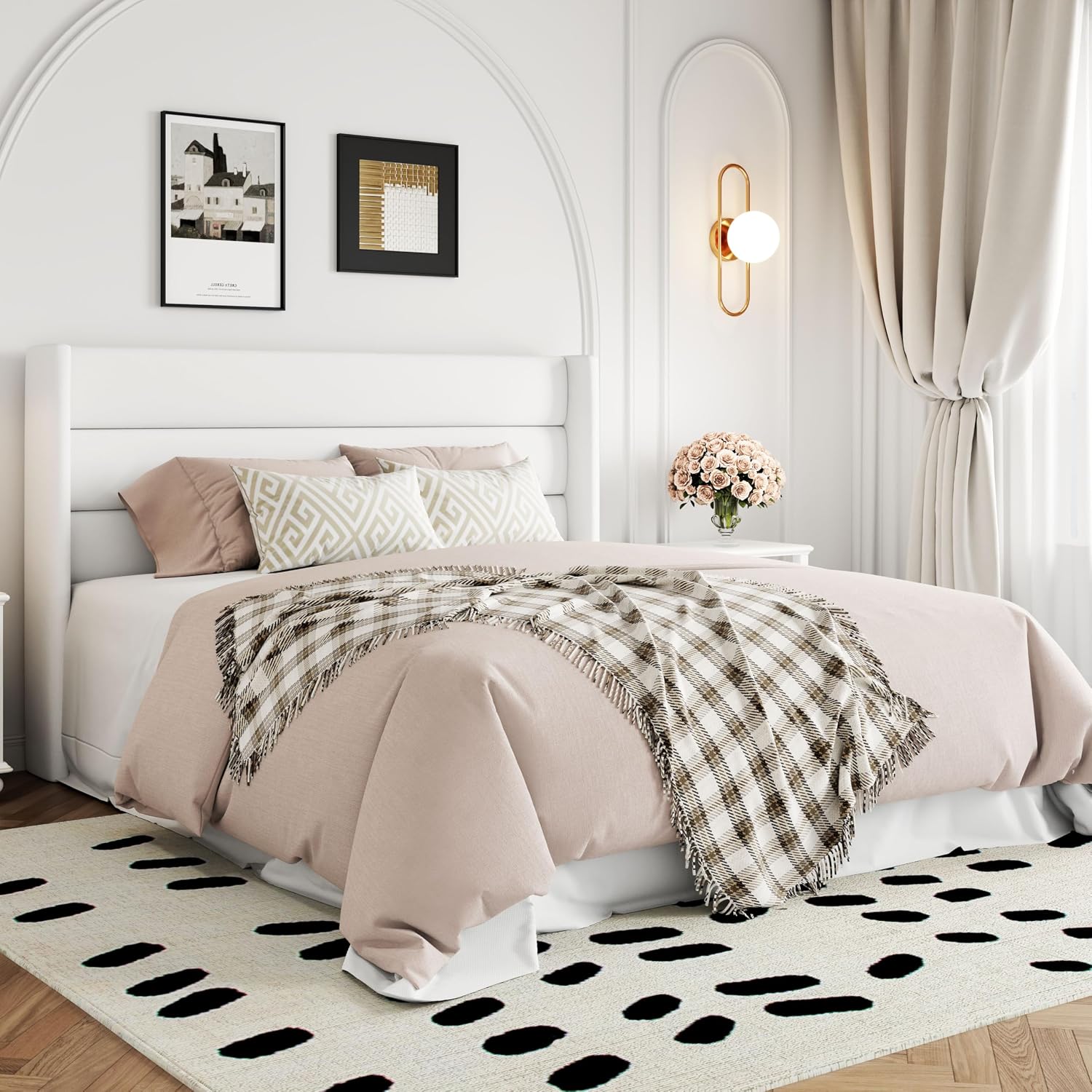 Allewie Queen Size Velvet Lift Up Storage Bed, Modern Wingback Headboard, Hydraulic Support, No Box Spring Needed, White