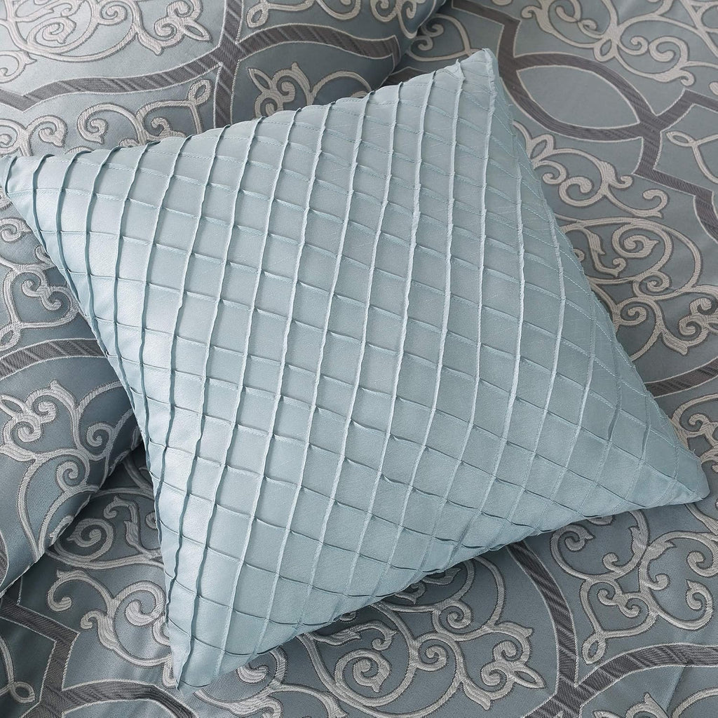 Madison Park Lavine Cozy Bed in a Bag Comforter Set, Traditional Luxe Jacquard Design All Season Down Alternative Bedding with Cotton Bed Sheets, Bed Skirt & Pillows, Queen Blue 12 Piece