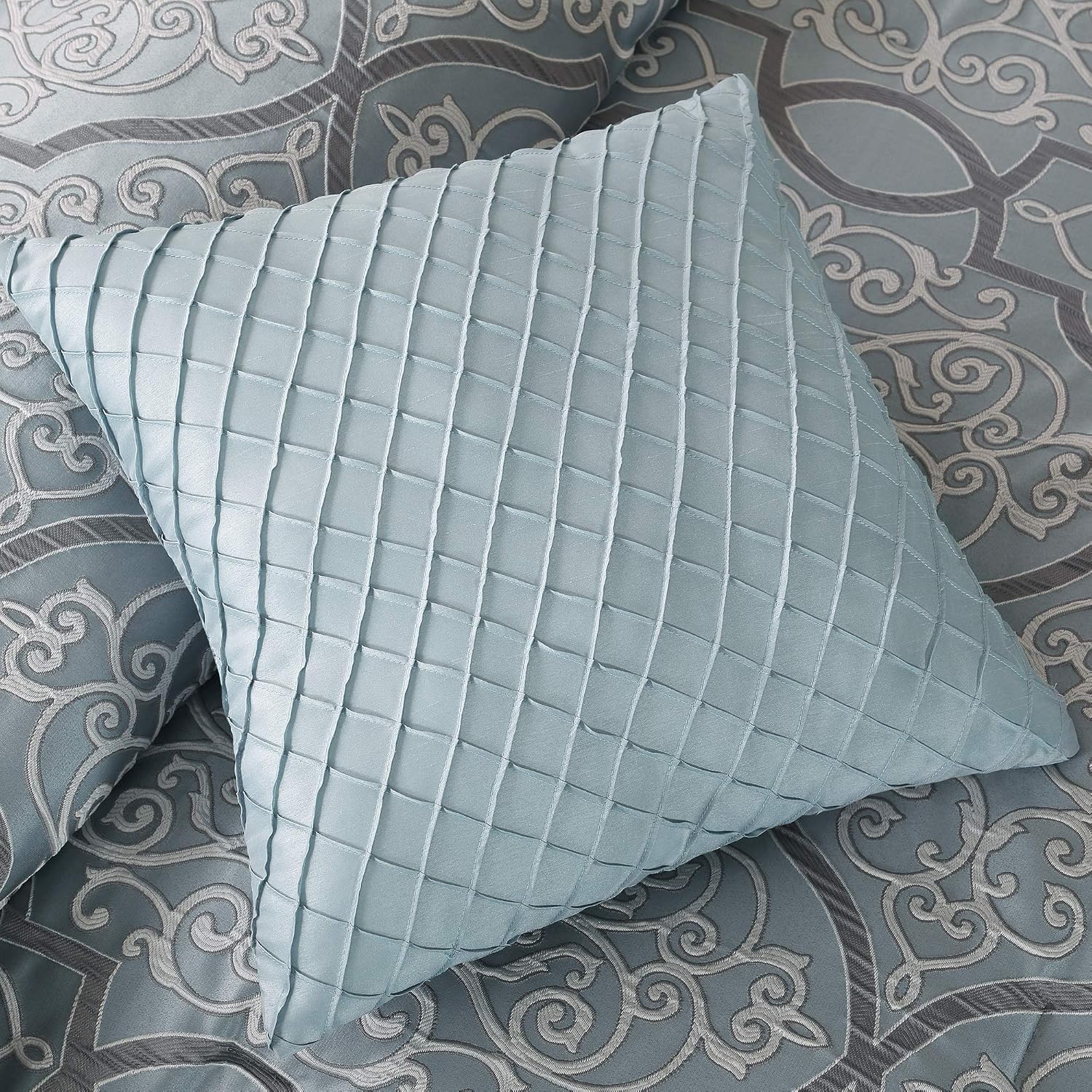 Madison Park Lavine Cozy Bed in a Bag Comforter Set, Traditional Luxe Jacquard Design All Season Down Alternative Bedding with Cotton Bed Sheets, Bed Skirt & Pillows, King Blue 12 Piece