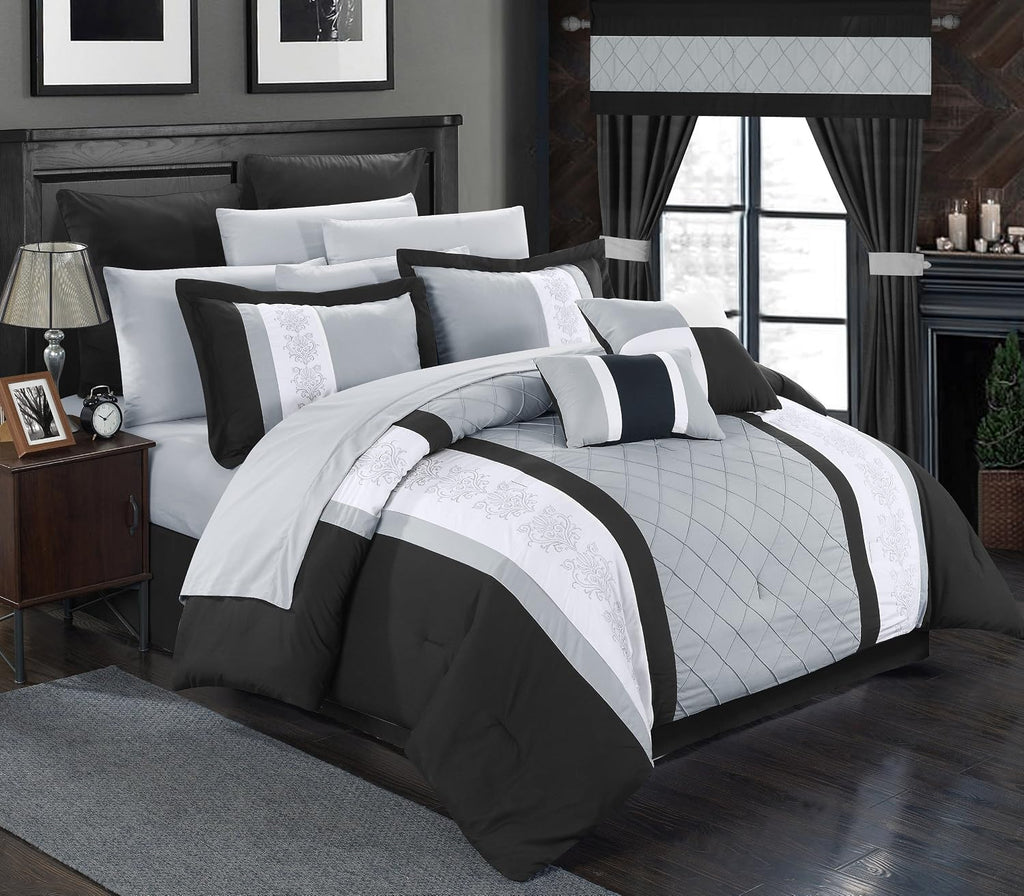 Chic Home Black Bed in a Bag Comforter Set, King Size (24 Pieces), Danielle - Pintuck Embroidery Colorblock Bedding - Comforter, Sheets, Shams, Bed Skirt, Pillowcases, Valances, Curtain Ties & Pillows