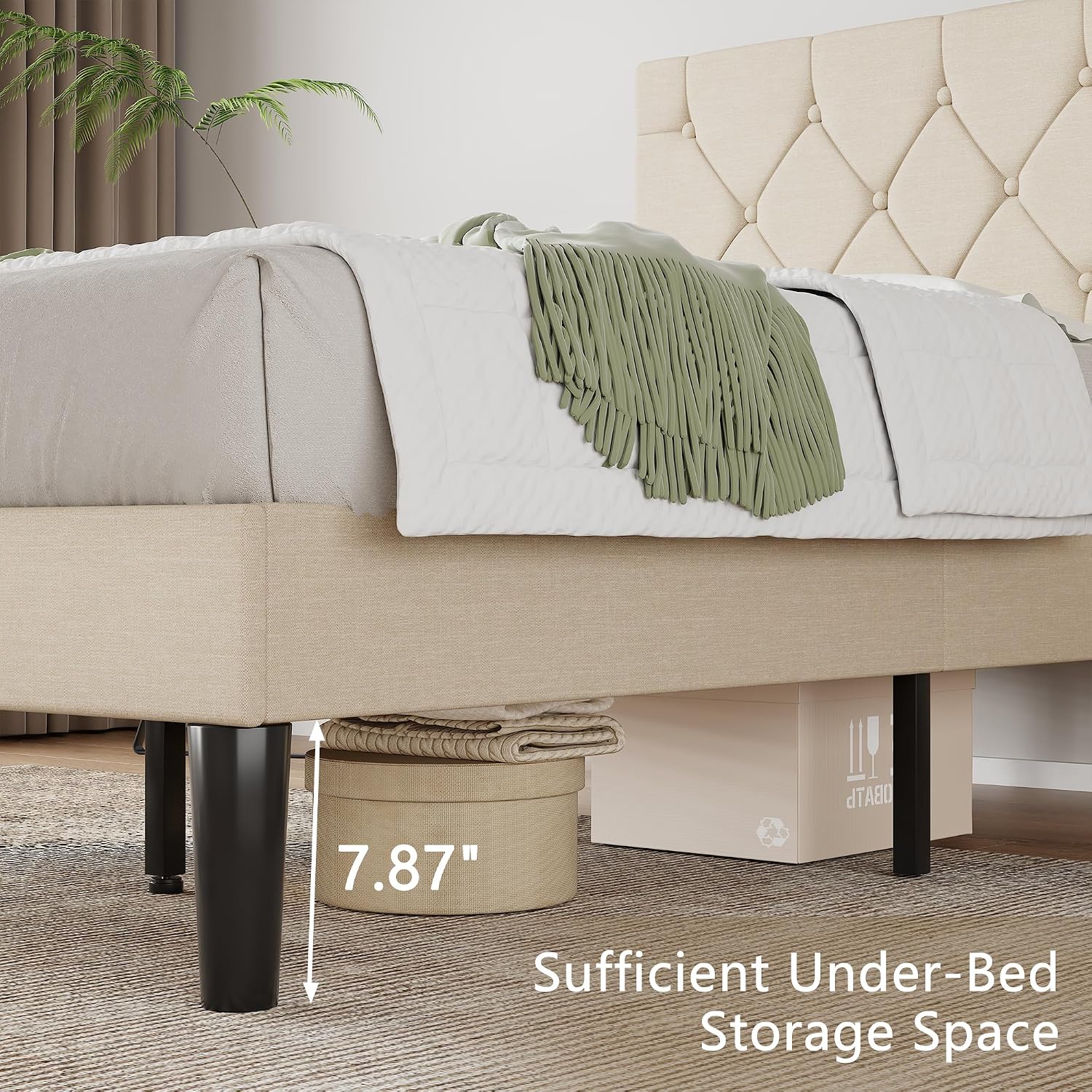 VECELO Twin Size Bed Frame with Button Tufted Headboard, Upholstered Platform Bedframe with Wood Slat Support, No Box Spring Needed, Dark Beige