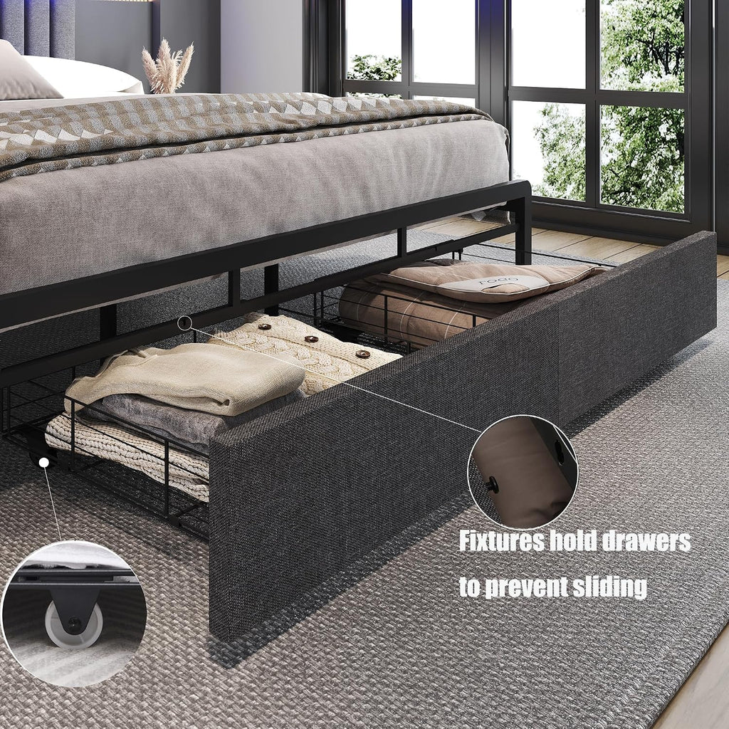 Ailisite Upholstered Full Size Bed Frames with 2 Tier Storage Headboard, LED Bed Frame with 2 Storage Drawers, Grey Platform Bed Frame with Charging Station & Typ-C Charging Port, No Box Spring Needed