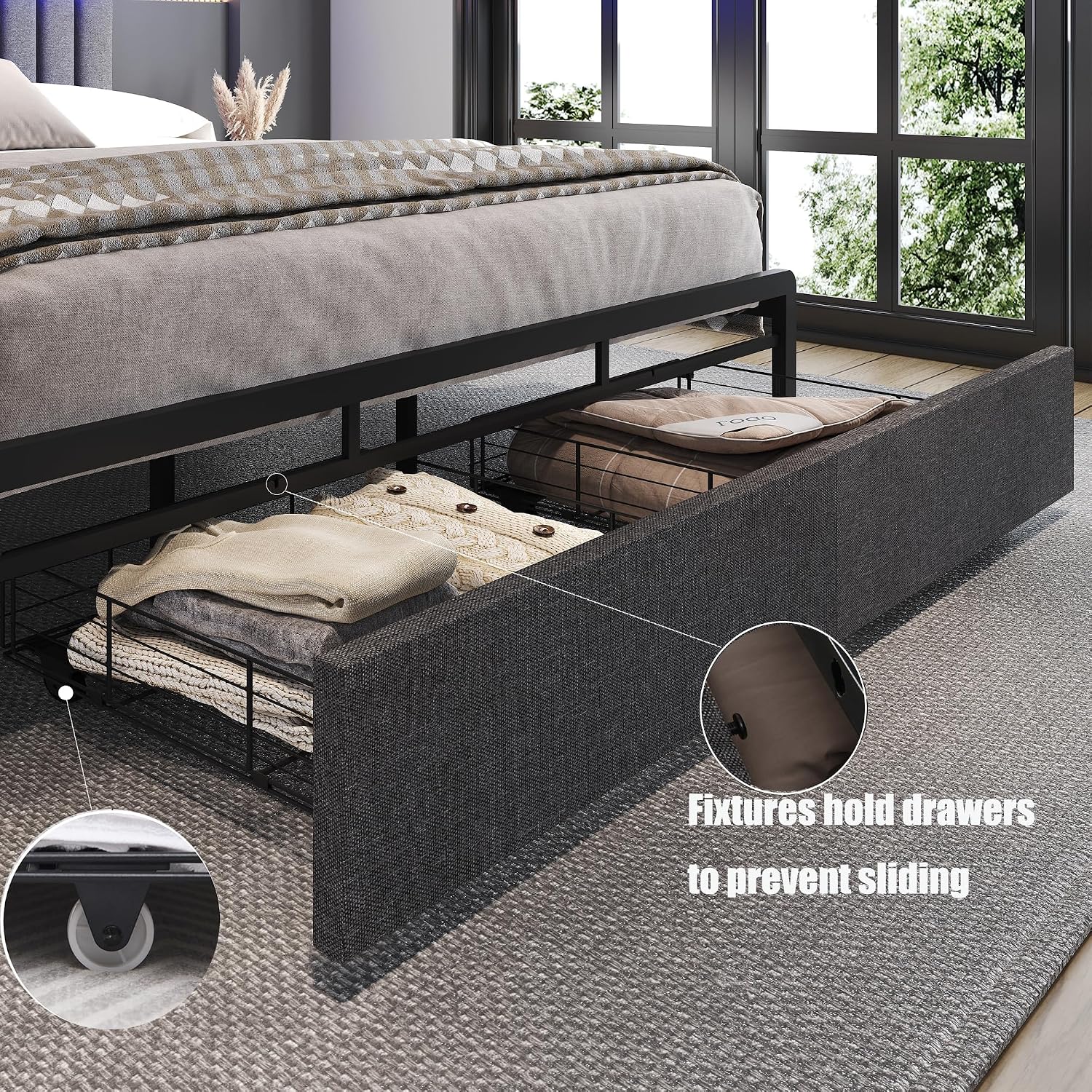 Ailisite Upholstered Full Size Bed Frames with 2 Tier Storage Headboard, LED Bed Frame with 2 Storage Drawers, Grey Platform Bed Frame with Charging Station & Typ-C Charging Port, No Box Spring Needed