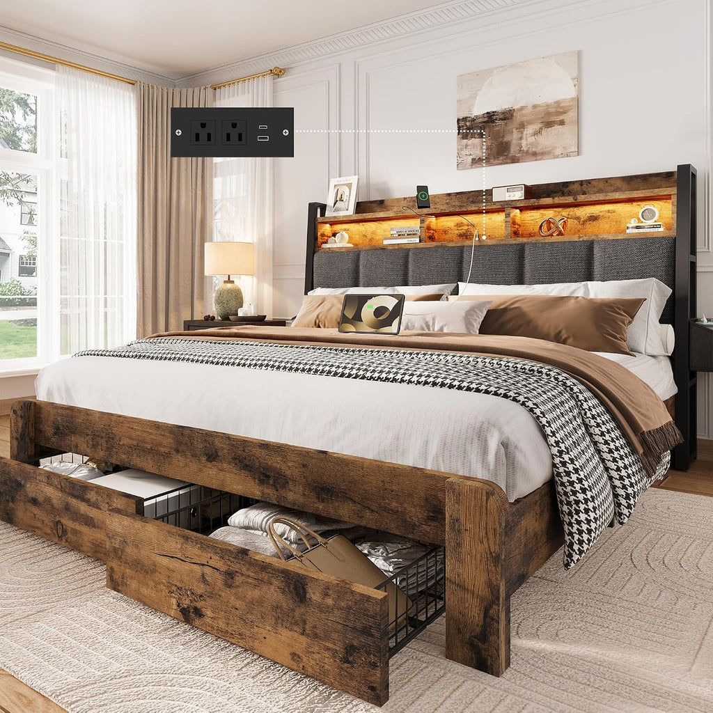BRELTAM Queen Bed Frame with Storage Drawers Upholstered Bed with 2-Tier Storage Headboard and LED Light&Charging Station,Metal Platform Bed Frame Queen Size,No Box Spring Needed,Vintage Brown