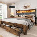BRELTAM Queen Bed Frame with Storage Drawers Upholstered Bed with 2-Tier Storage Headboard and LED Light&Charging Station,Metal Platform Bed Frame Queen Size,No Box Spring Needed,Vintage Brown