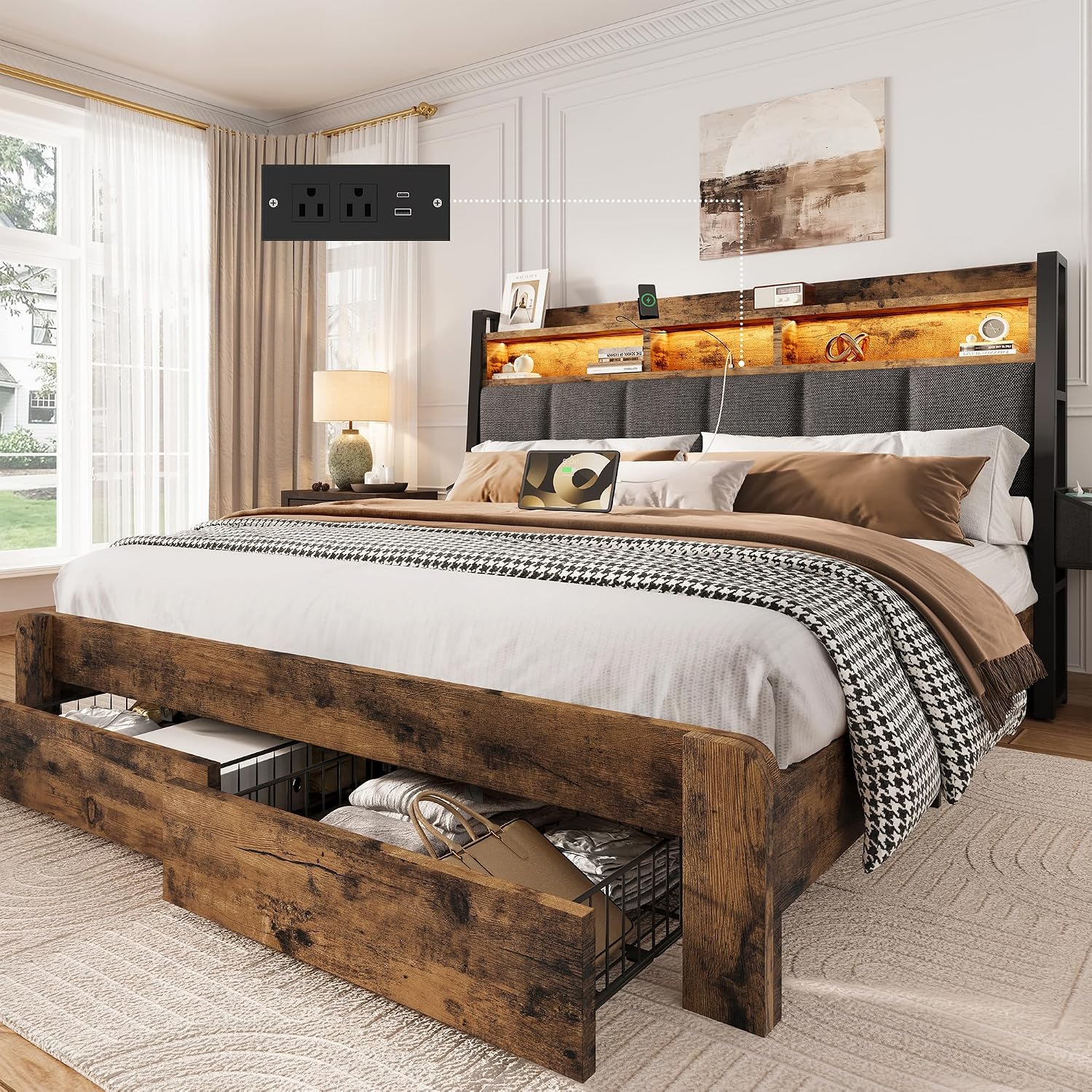 BRELTAM Queen Bed Frame with Storage Drawers Upholstered Bed with 2-Tier Storage Headboard and LED Light&Charging Station,Metal Platform Bed Frame Queen Size,No Box Spring Needed,Vintage Brown