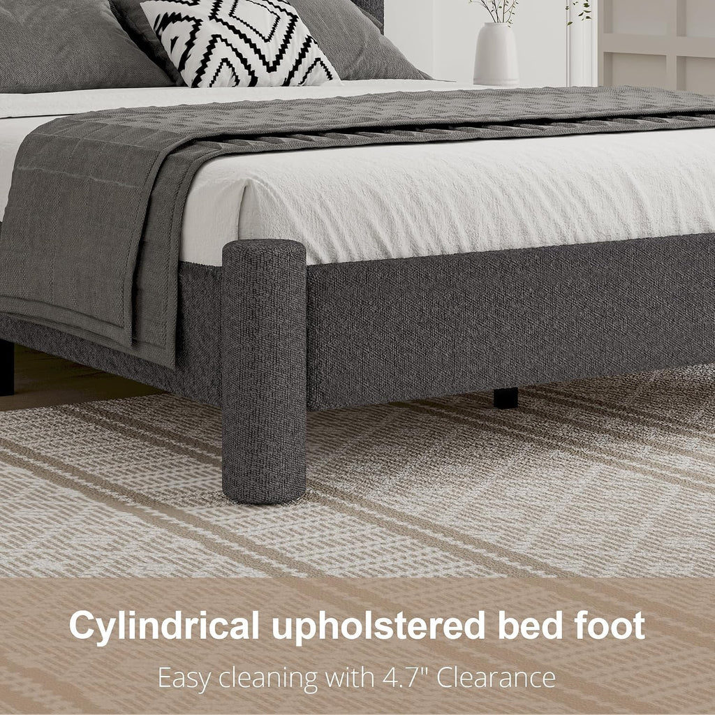 REVOMINCA Twin Size Bed Frame, Boucle Upholstered Platform Bed with Headboard and Footboard, Soft Rounded Corners, No Box Spring Required, Easy Assembly, Dark Grey
