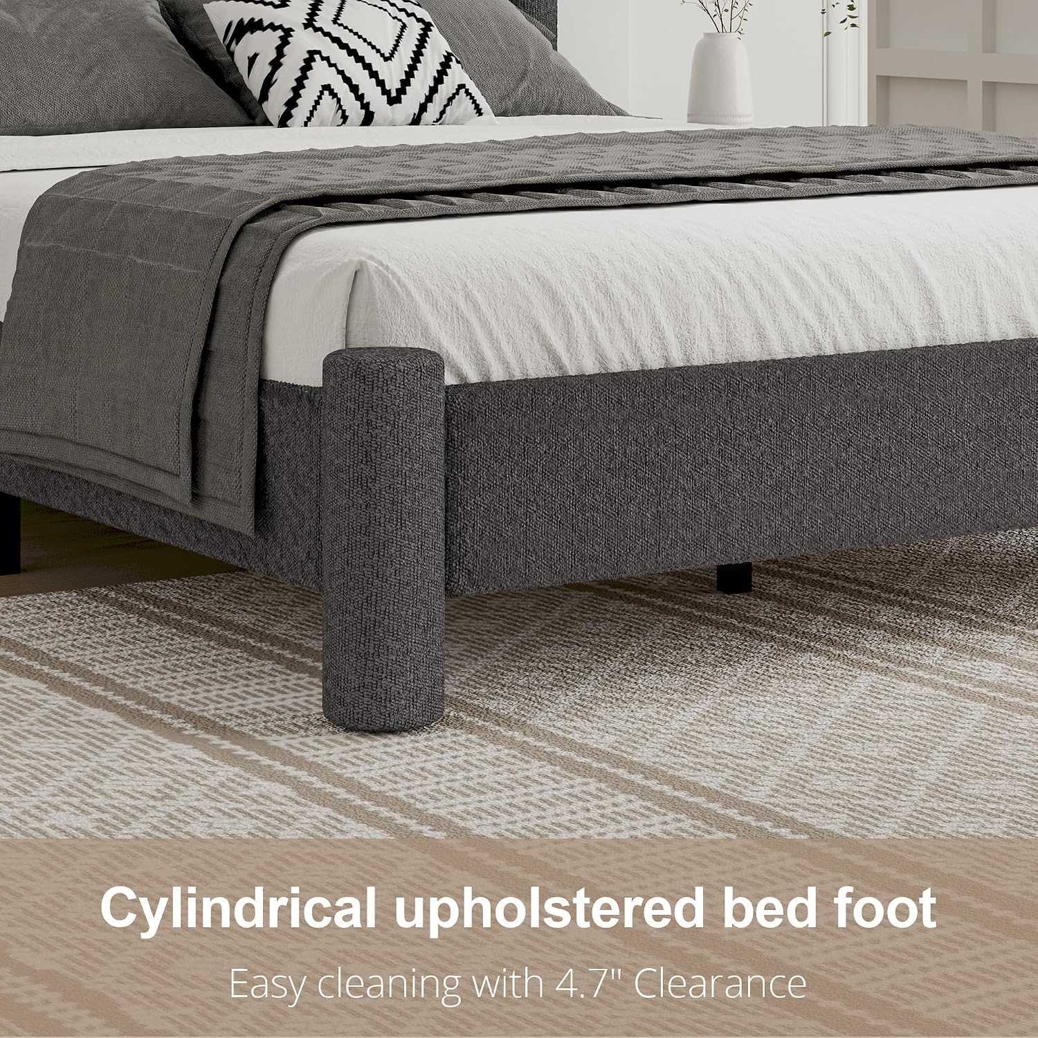 REVOMINCA Twin Size Bed Frame, Boucle Upholstered Platform Bed with Headboard and Footboard, Soft Rounded Corners, No Box Spring Required, Easy Assembly, Dark Grey