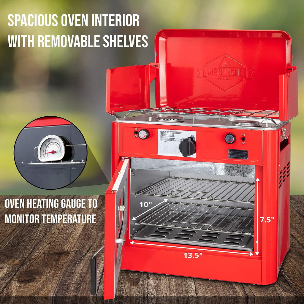 Hike Crew Outdoor Gas Camping Oven w/Carry Bag | CSA Approved Portable Propane-Powered 2-Burner Stove & Oven | Auto Ignition, Overheat Safety Shutoff, Built-In Thermometer | Hose & Regulator Included