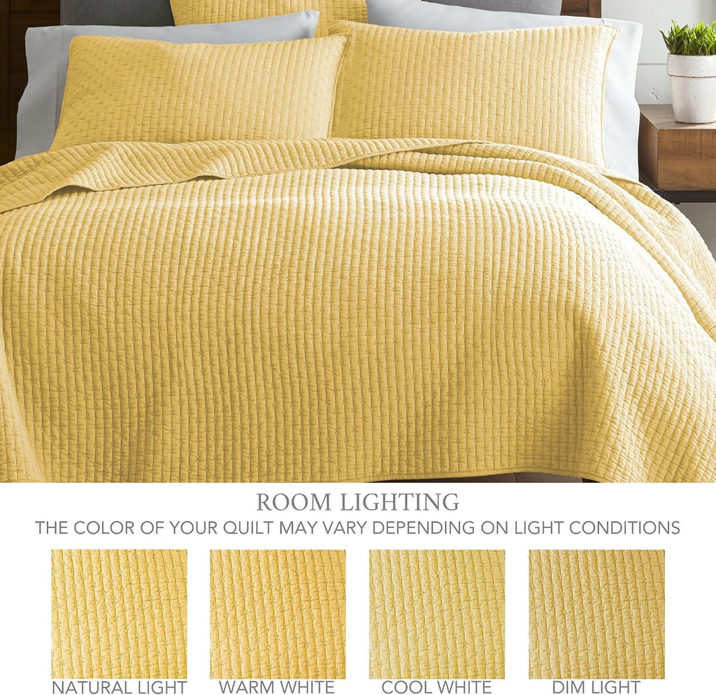 Levtex Home Cross Stitch Reversible King/Cal King Quilt Set (106x92in) and 2 Pillow Shams (36x20in) - Stitch Texture - Yellow - Cotton King Size Quilt Bedding Set - Lightweight Soft Pre-Washed