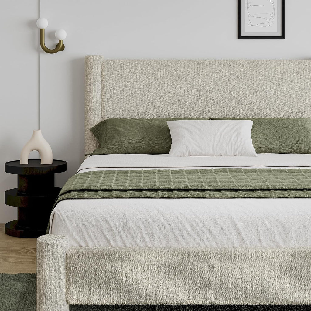 REVOMINCA Full Size Bed Frame, Boucle Upholstered Platform Bed with Headboard and Footboard, Soft Rounded Corners, No Box Spring Required, Easy Assembly, Cream